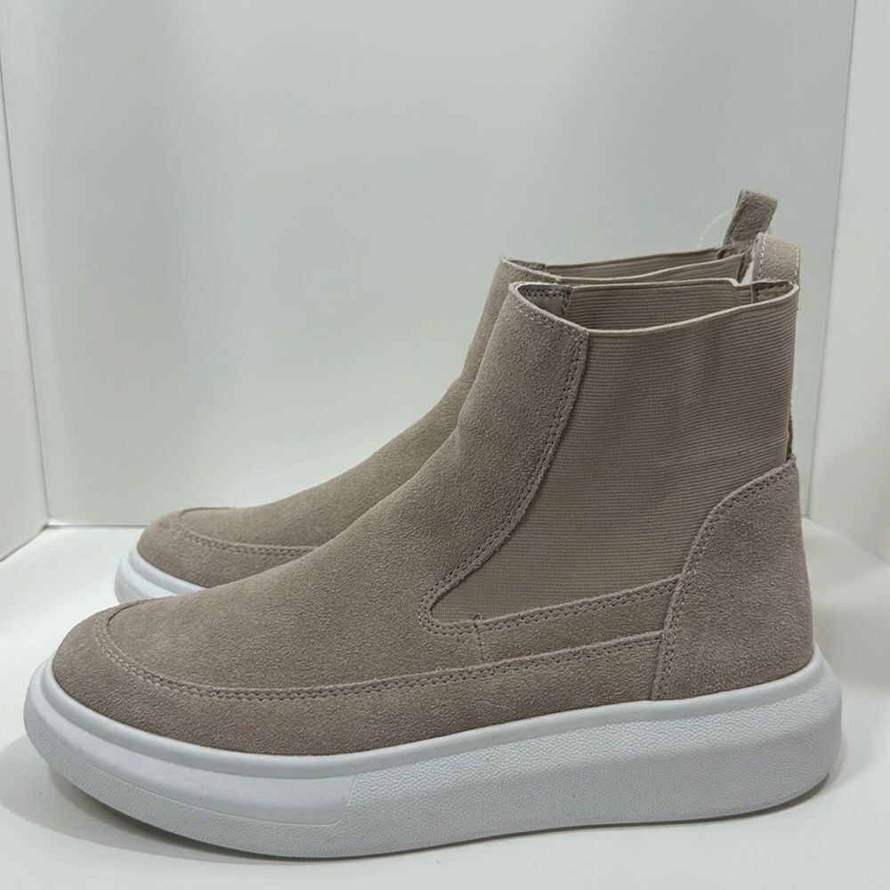 Nurture Atna High Top Sneakers Suede Slip On Booties Light Tan Platform Comfort
